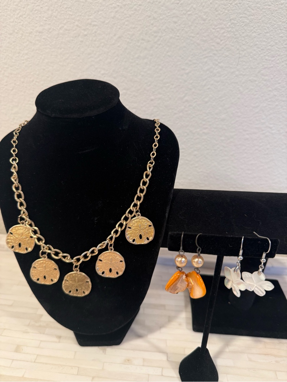 Gold Sand Dollar Charm Necklace with two pairs of earrings- Women Jewelry